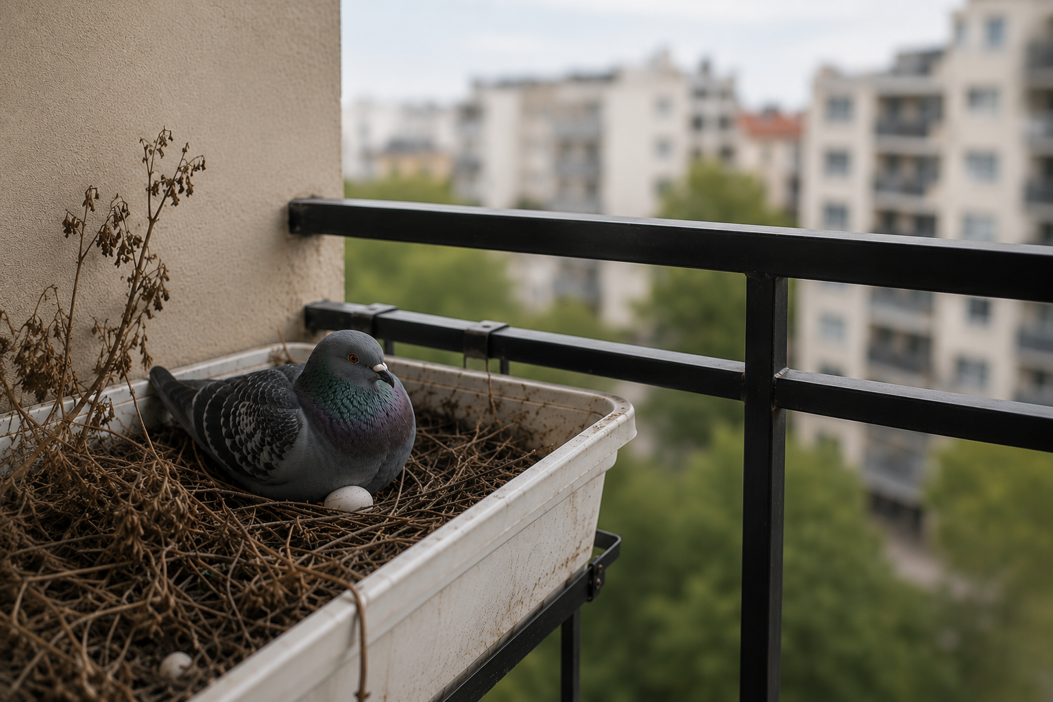 Stadttauben brütet auf einem Balkon | KI-Generiert